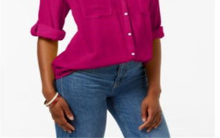 Camisa feminina Charter Club com aba e botões, rosa, tamanho pequeno