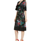 Vestido feminino Trina Turk com estampa floral, manga 3/4, decote em V abaixo do joelho, ajuste flare, preto, tamanho 14