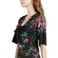 Vestido feminino Trina Turk com estampa floral, manga 3/4, decote em V abaixo do joelho, ajuste flare, preto, tamanho 14