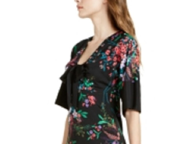 Vestido feminino Trina Turk com estampa floral, manga 3/4, decote em V abaixo do joelho, ajuste flare, preto, tamanho 14