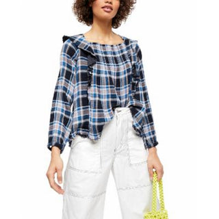 Blusa feminina Free People com babados, recortes franzidos, manga comprida, gola quadrada, azul, tamanho grande