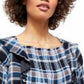 Blusa feminina Free People com babados, recortes franzidos, manga comprida, gola quadrada, azul, tamanho grande