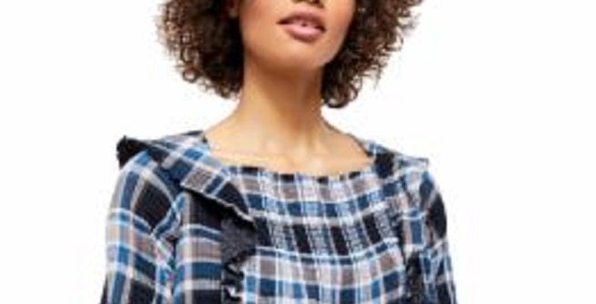 Blusa feminina Free People com babados, recortes franzidos, manga comprida, gola quadrada, azul, tamanho grande