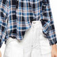 Blusa feminina Free People com babados, recortes franzidos, manga comprida, gola quadrada, azul, tamanho grande