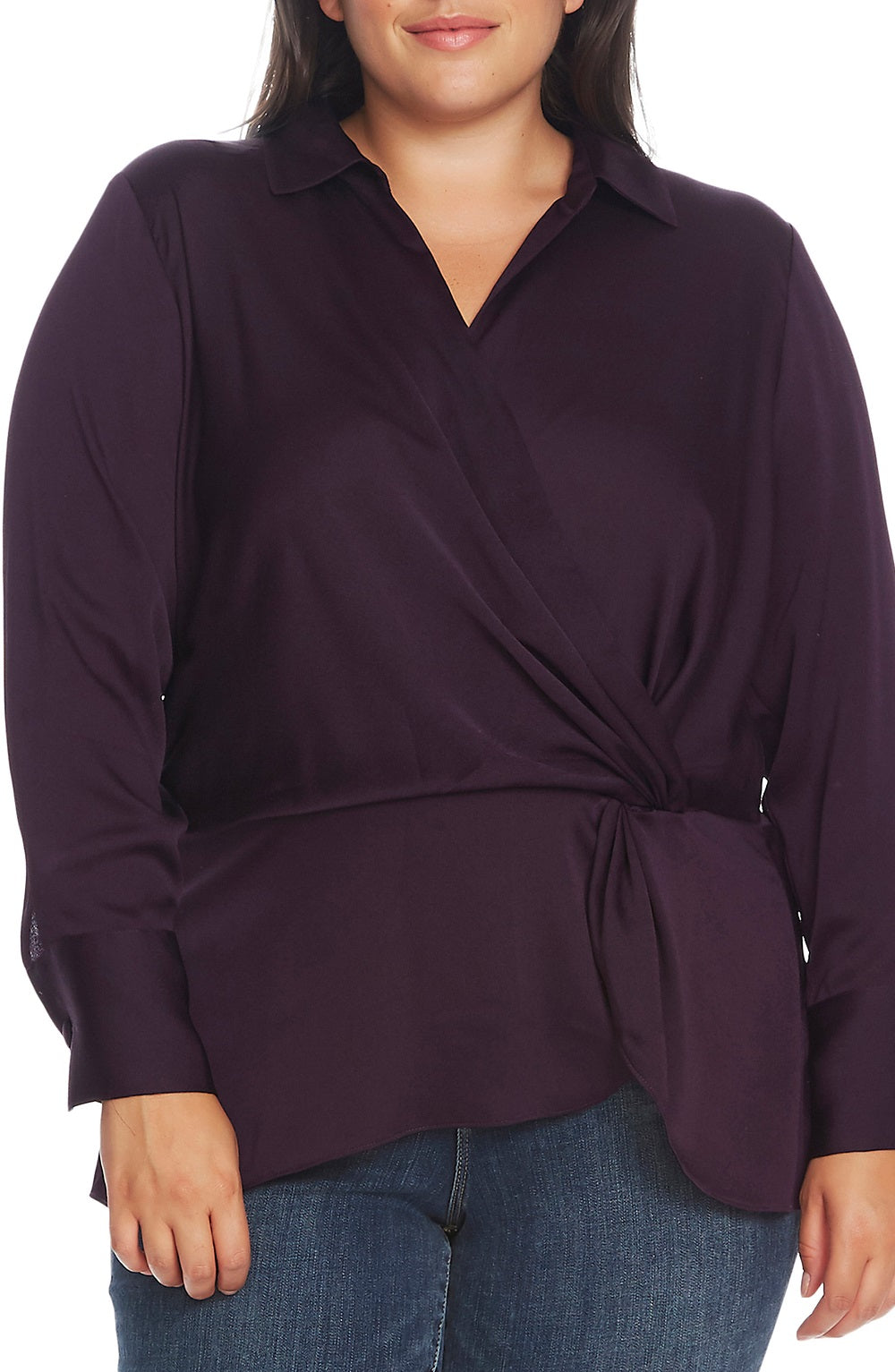 Blusa feminina Vince Camuto Plus Size Manga Longa Cetim Hammer Peplum Twist Roxa Tamanho 1X