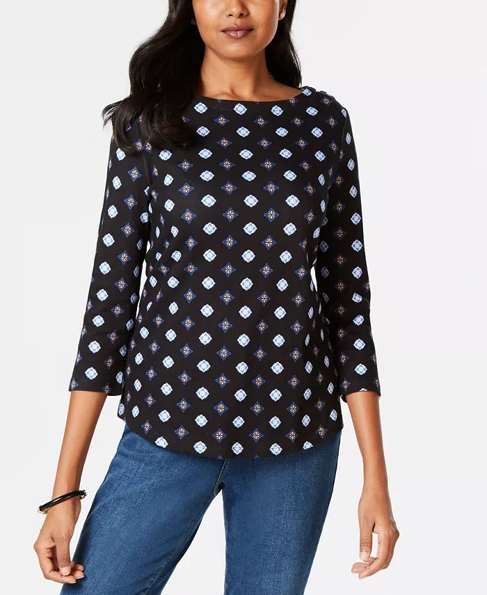 Blusa feminina Charter Club de algodão estampada com botões e ombros de fora, azul, tamanho GG