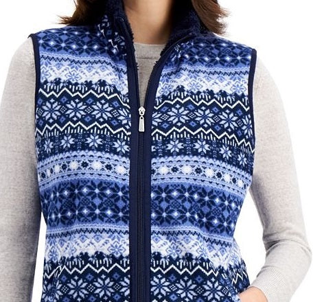 Colete feminino Karen Scott Fair Isle com zíper frontal, azul, tamanho P