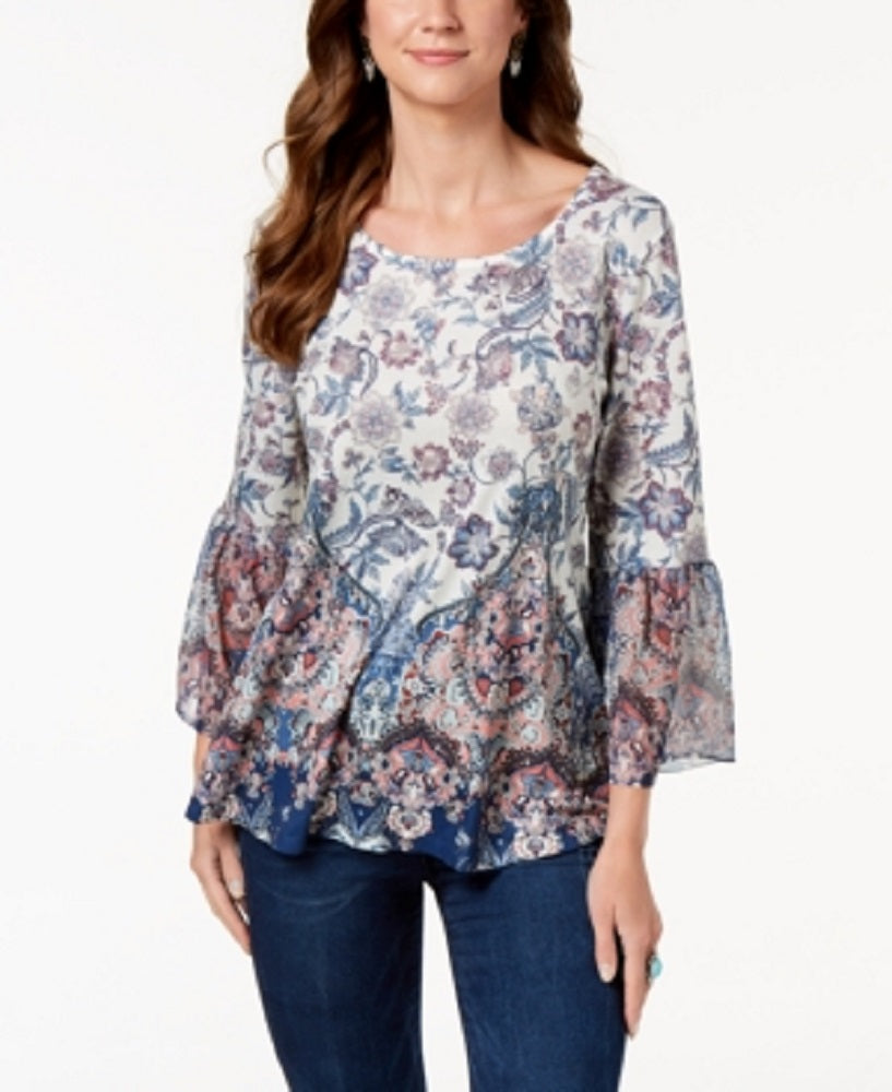Blusa feminina estampada com manga flare, branca/azul, tamanho XX-G