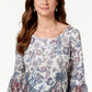 Blusa feminina estampada com manga flare, branca/azul, tamanho XX-G