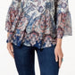 Blusa feminina estampada com manga flare, branca/azul, tamanho XX-G
