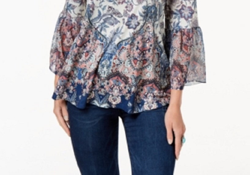 Blusa feminina estampada com manga flare, branca/azul, tamanho XX-G