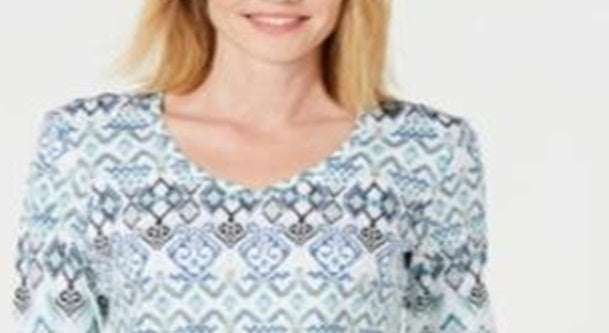 Blusa feminina estampada com decote em V Karen Scott, azul, tamanho pequeno