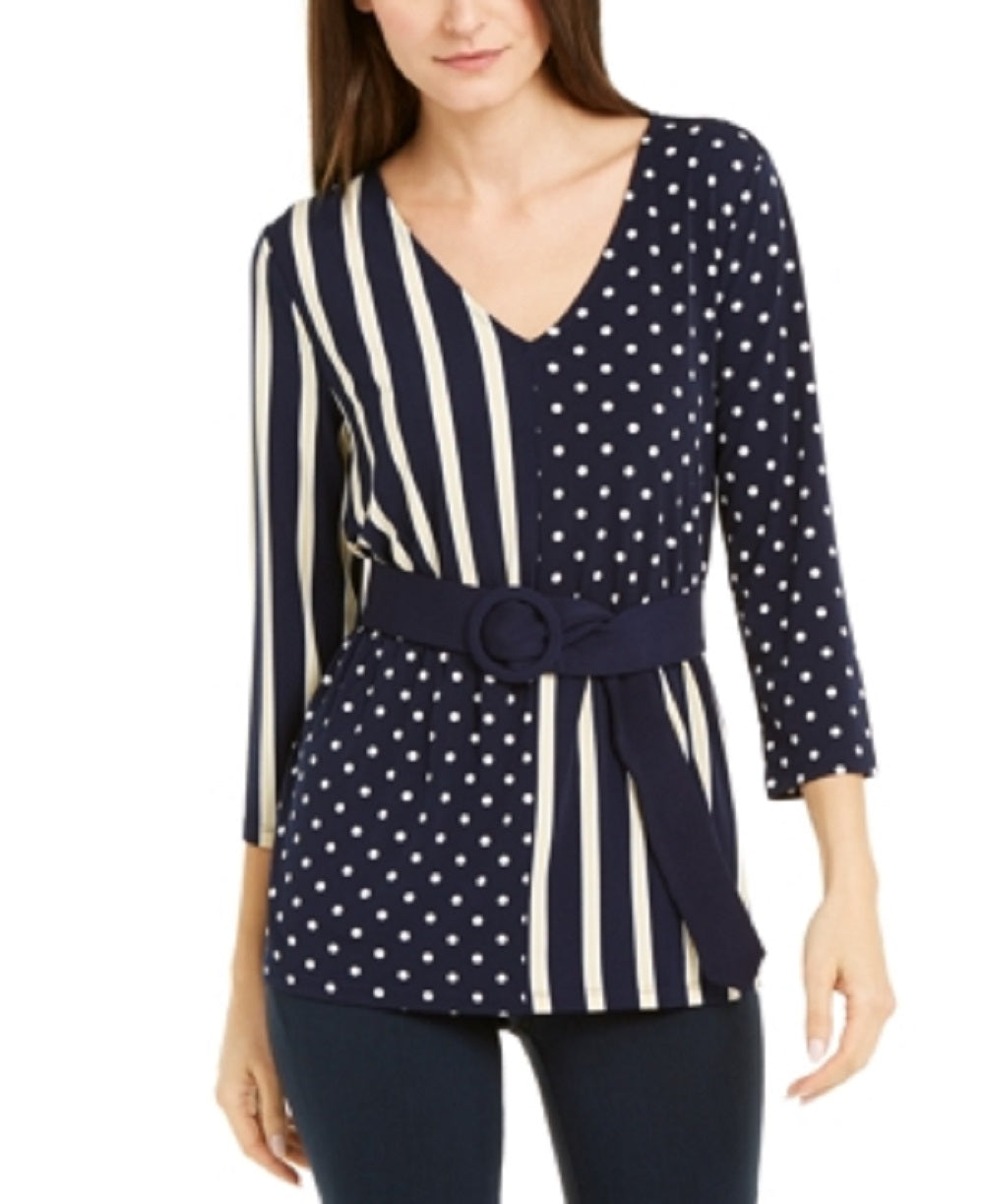 Blusa feminina Alfani com estampa de bolinhas e manga 3/4, azul, tamanho pequeno e médio