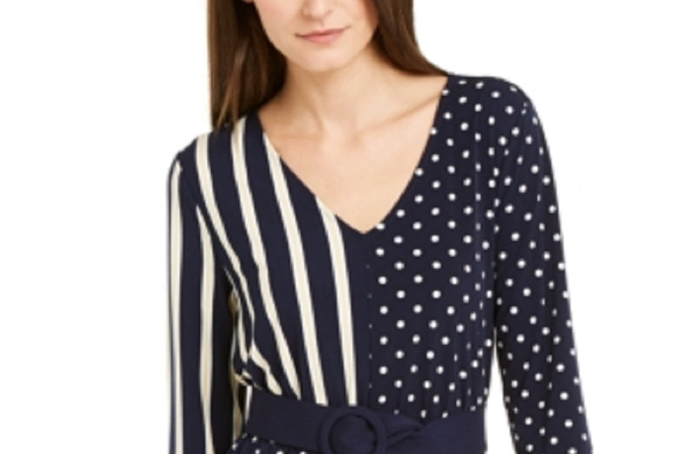 Blusa feminina Alfani com estampa de bolinhas e manga 3/4, azul, tamanho pequeno e médio