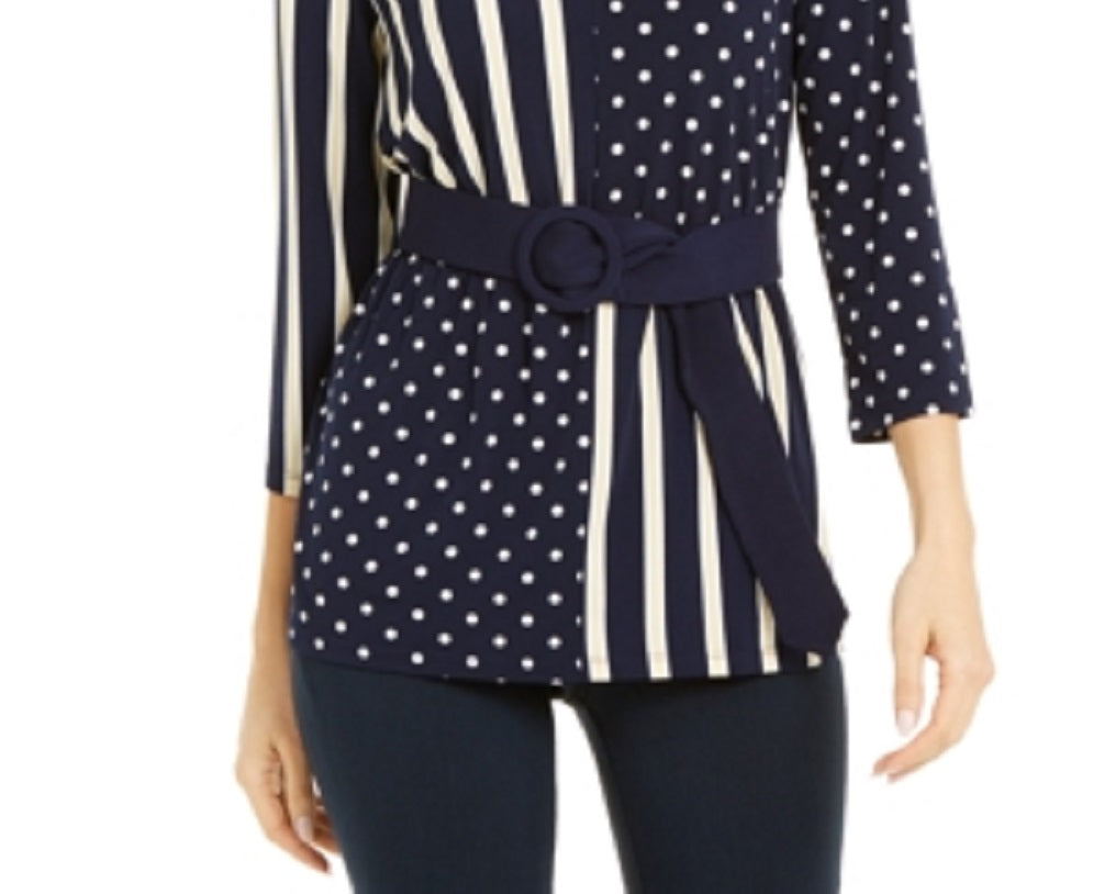 Blusa feminina Alfani com estampa de bolinhas e manga 3/4, azul, tamanho pequeno e médio