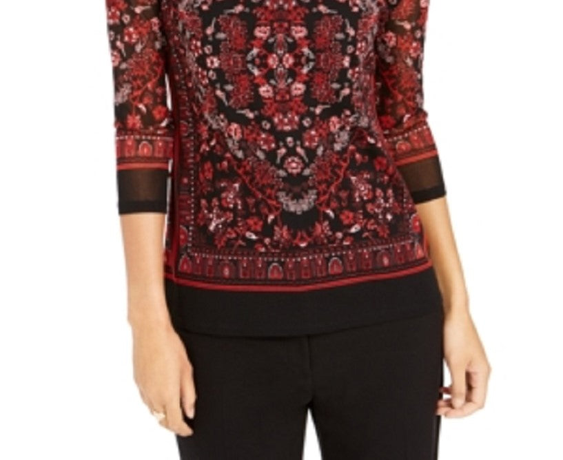 Charter Club Blusa feminina estampada com decote canoa, vermelha, tamanho X-S