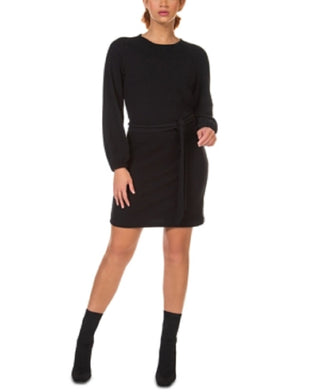 Vestido suéter feminino com cinto e manga balão, preto, tamanho pequeno