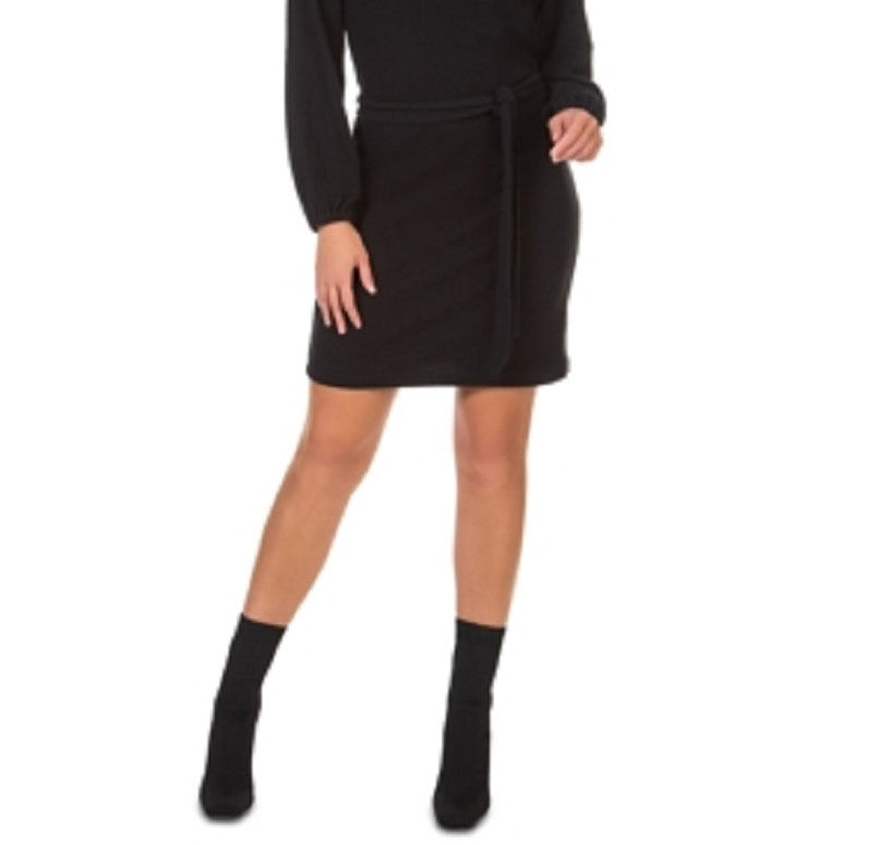 Vestido suéter feminino com cinto e manga balão, preto, tamanho pequeno