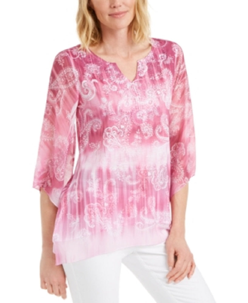 Blusa feminina JM Collection com estampa Paisley e decote dividido, rosa, tamanho extragrande
