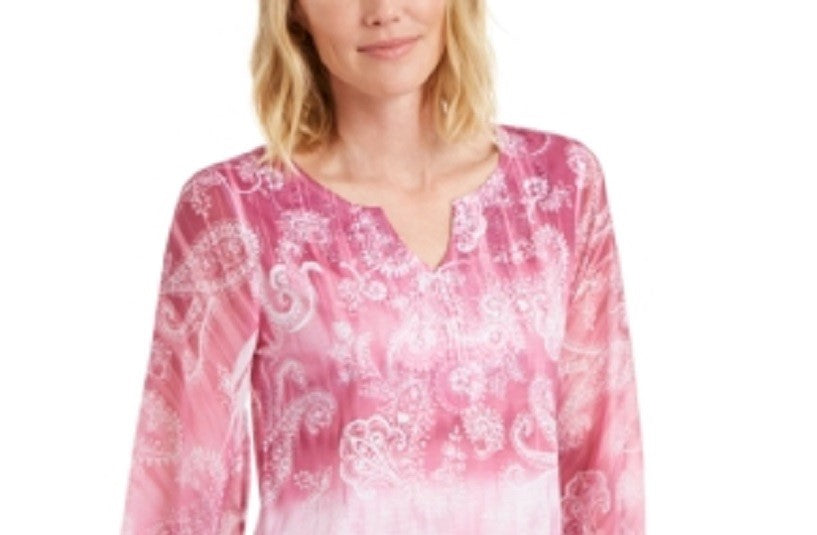 Blusa feminina JM Collection com estampa Paisley e decote dividido, rosa, tamanho extragrande