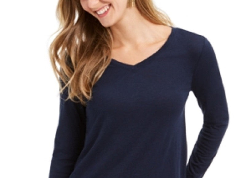 Camisa feminina de manga comprida com decote em V, azul, tamanho médio, da Style &amp; Co.