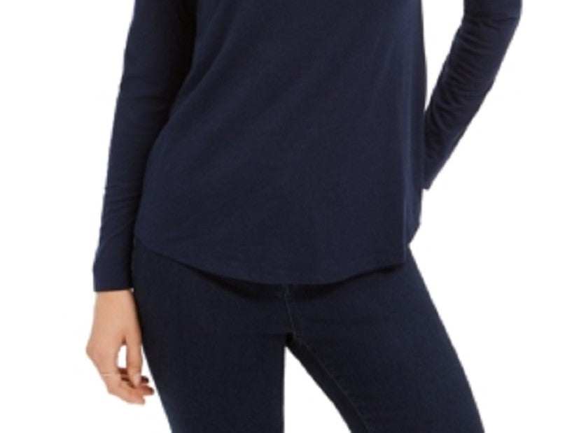 Camisa feminina de manga comprida com decote em V, azul, tamanho médio, da Style &amp; Co.