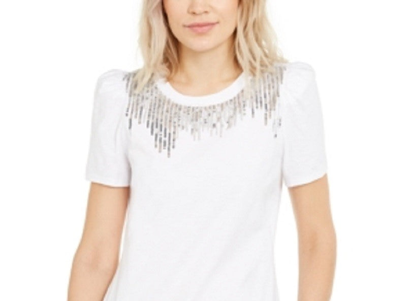 Camiseta feminina de algodão com franjas e lantejoulas da INC International Concepts, tamanho pequeno e médio, branca