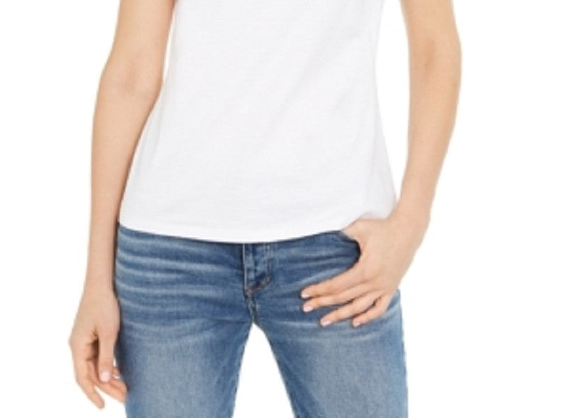 Camiseta feminina de algodão com franjas e lantejoulas da INC International Concepts, tamanho pequeno e médio, branca