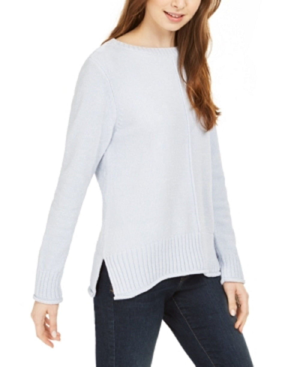 Blusa feminina texturizada mesclada, manga comprida, gola redonda, tamanho azul, tamanho médio