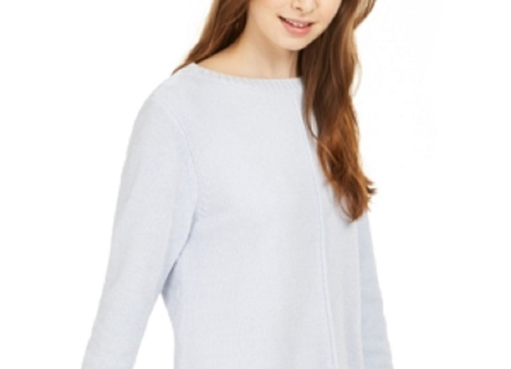Blusa feminina texturizada mesclada, manga comprida, gola redonda, tamanho azul, tamanho médio