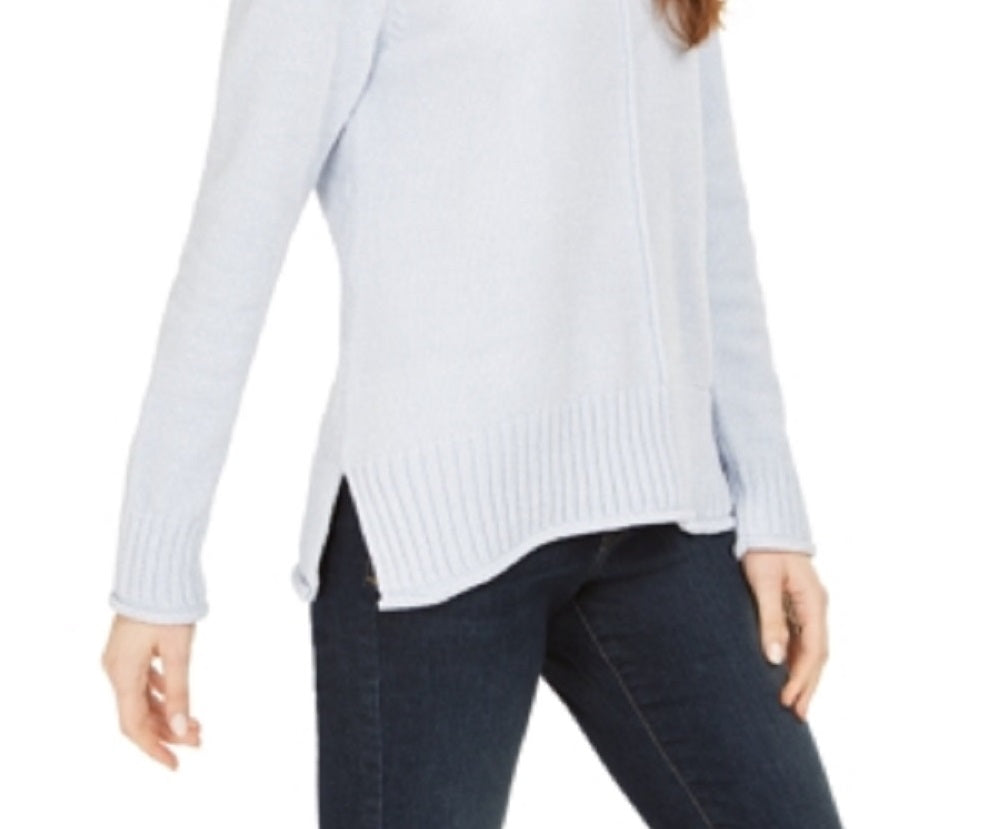 Blusa feminina texturizada mesclada, manga comprida, gola redonda, tamanho azul, tamanho médio