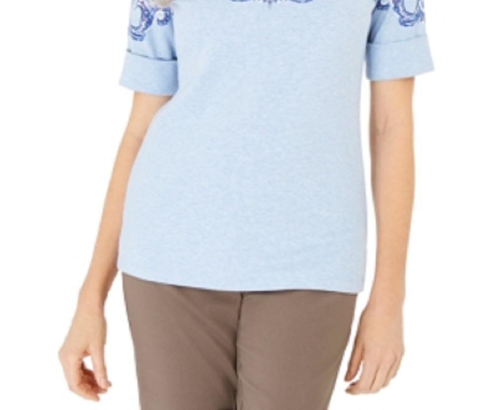Karen Scott Blusa feminina estampada com decote canoa, azul, tamanho X-S
