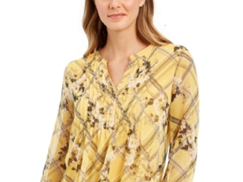 Top feminino estampado com decote dividido, amarelo, tamanho extrapequeno, Charter Club