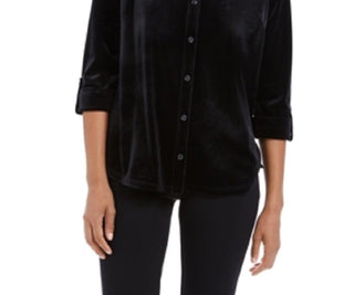 Blusa de veludo feminina Charter Club com botões frontais, preta, tamanho pequeno G