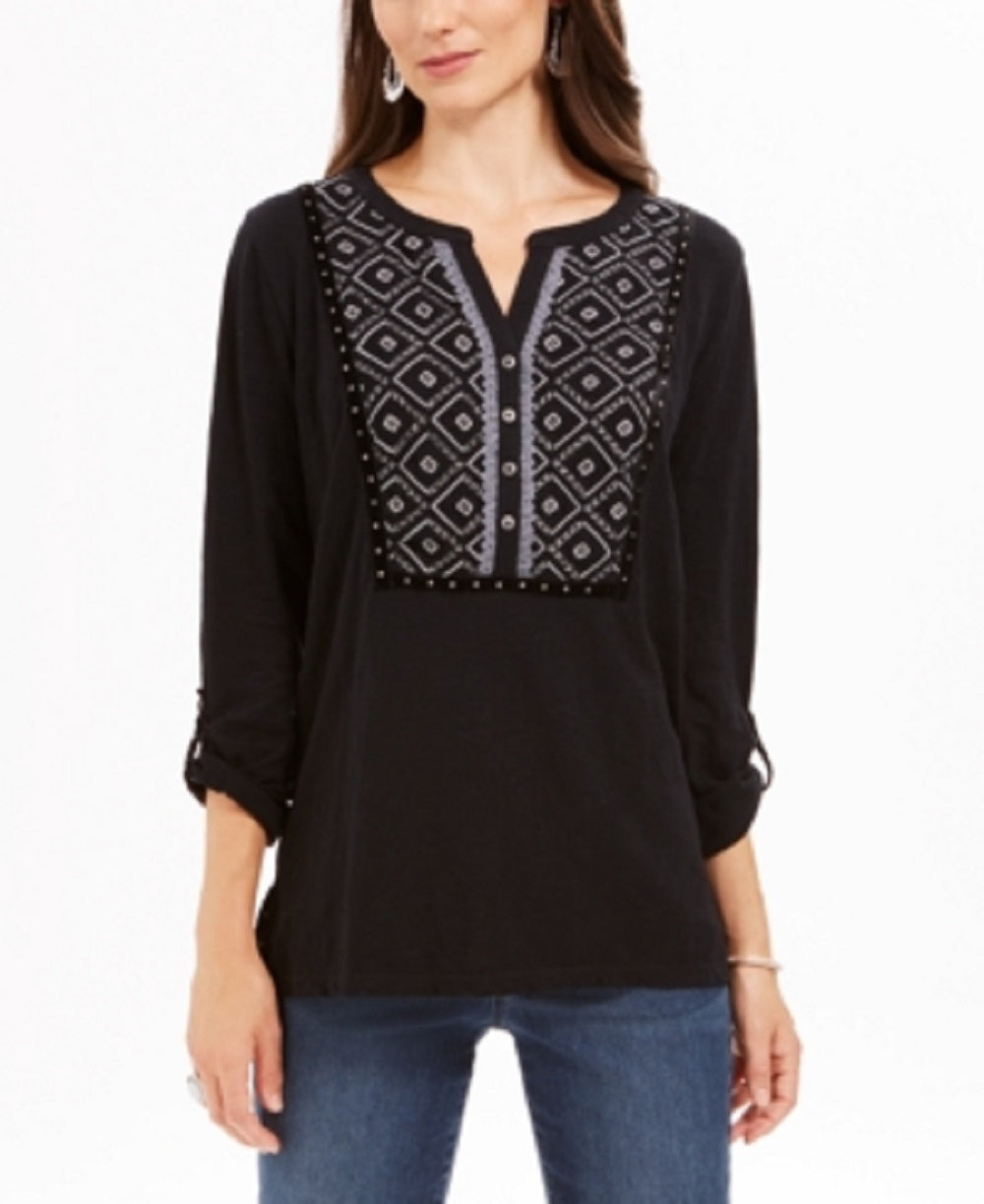 Blusa feminina bordada de algodão Style &amp; Co, preta, tamanho X-S