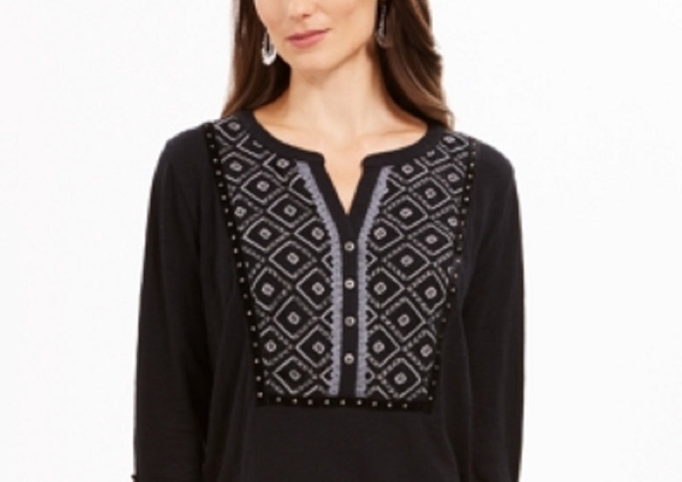 Blusa feminina bordada de algodão Style &amp; Co, preta, tamanho X-S