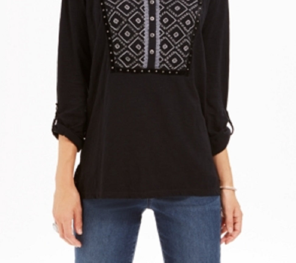 Blusa feminina bordada de algodão Style &amp; Co, preta, tamanho X-S