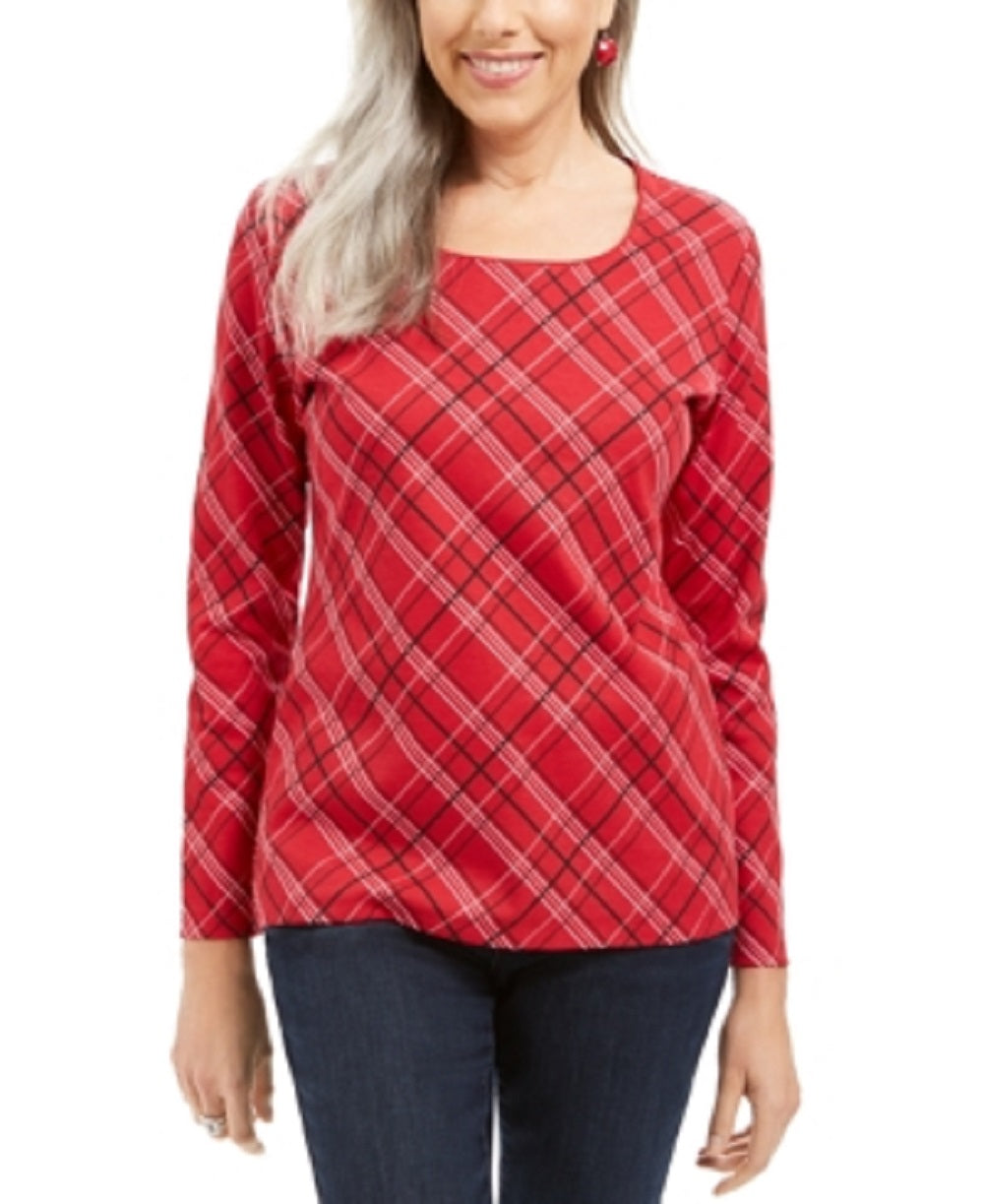 Karen Scott Blusa feminina Holly Plaid com detalhes em vermelho, tamanho XS