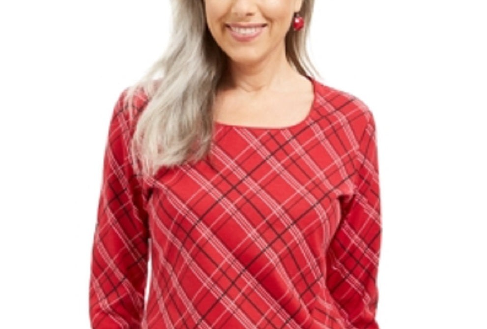 Karen Scott Blusa feminina Holly Plaid com detalhes em vermelho, tamanho XS