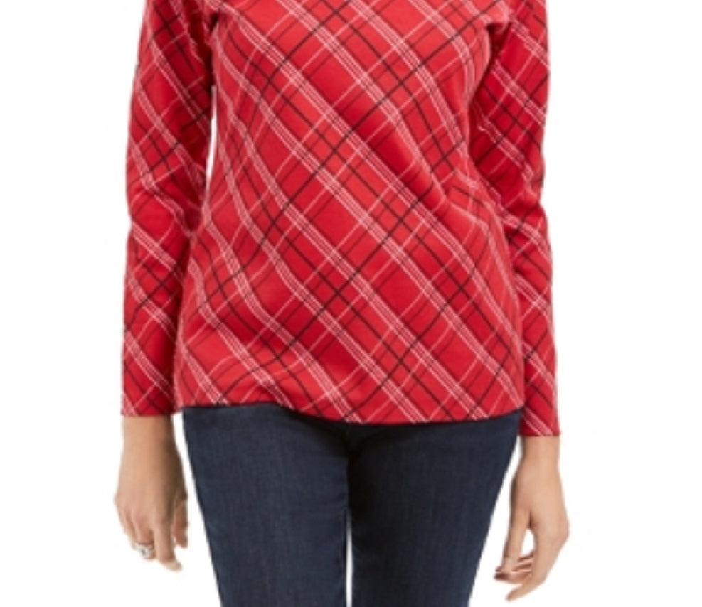 Karen Scott Blusa feminina Holly Plaid com detalhes em vermelho, tamanho XS