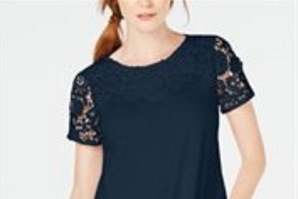 Camiseta feminina Charter Club de algodão com renda e detalhes, azul, tamanho X-S