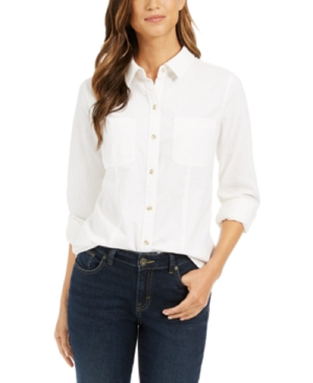 Camisa feminina de veludo cotelê de algodão com botões Charter Club, branca, tamanho PSM