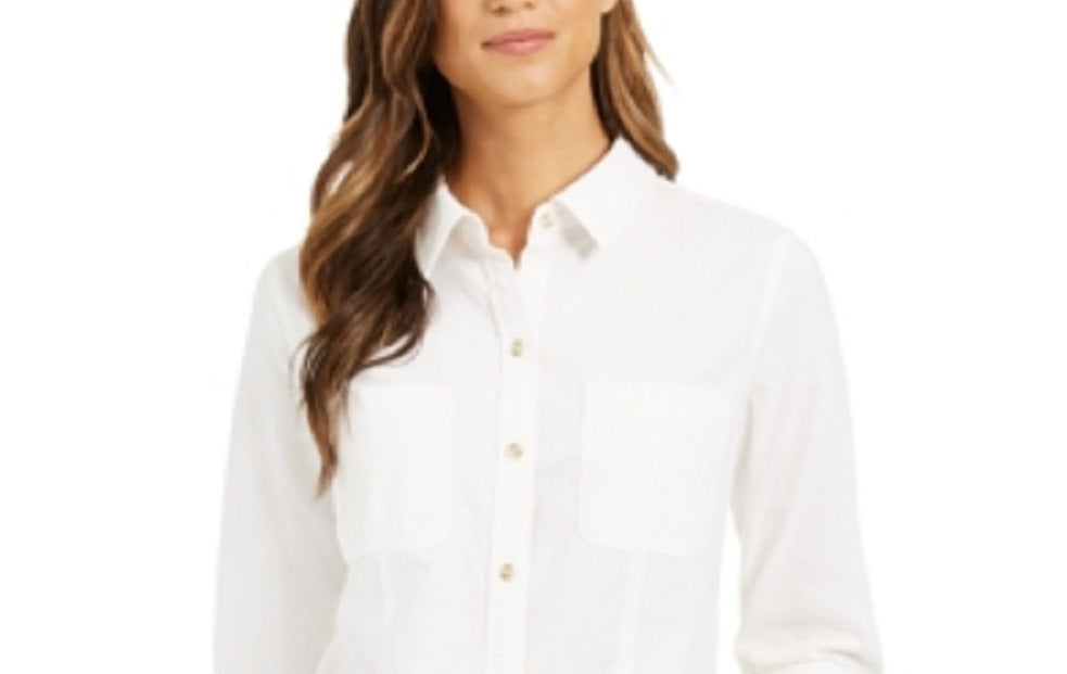 Camisa feminina de veludo cotelê de algodão com botões Charter Club, branca, tamanho PSM