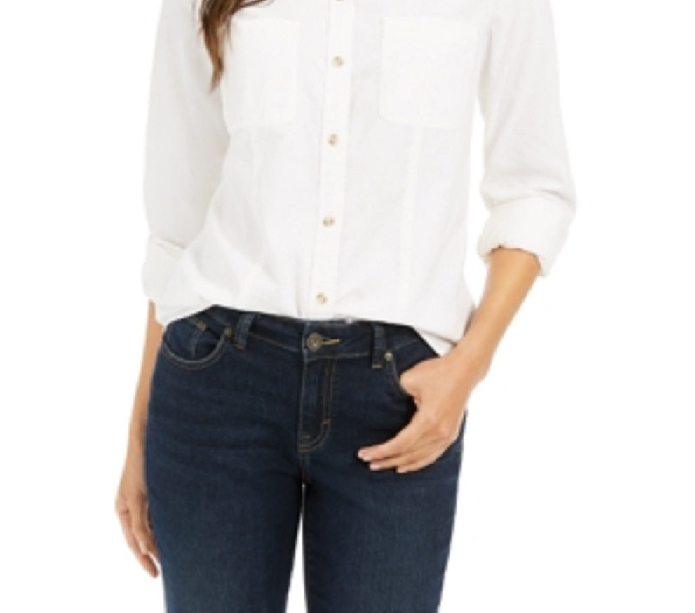 Camisa feminina de veludo cotelê de algodão com botões Charter Club, branca, tamanho PSM