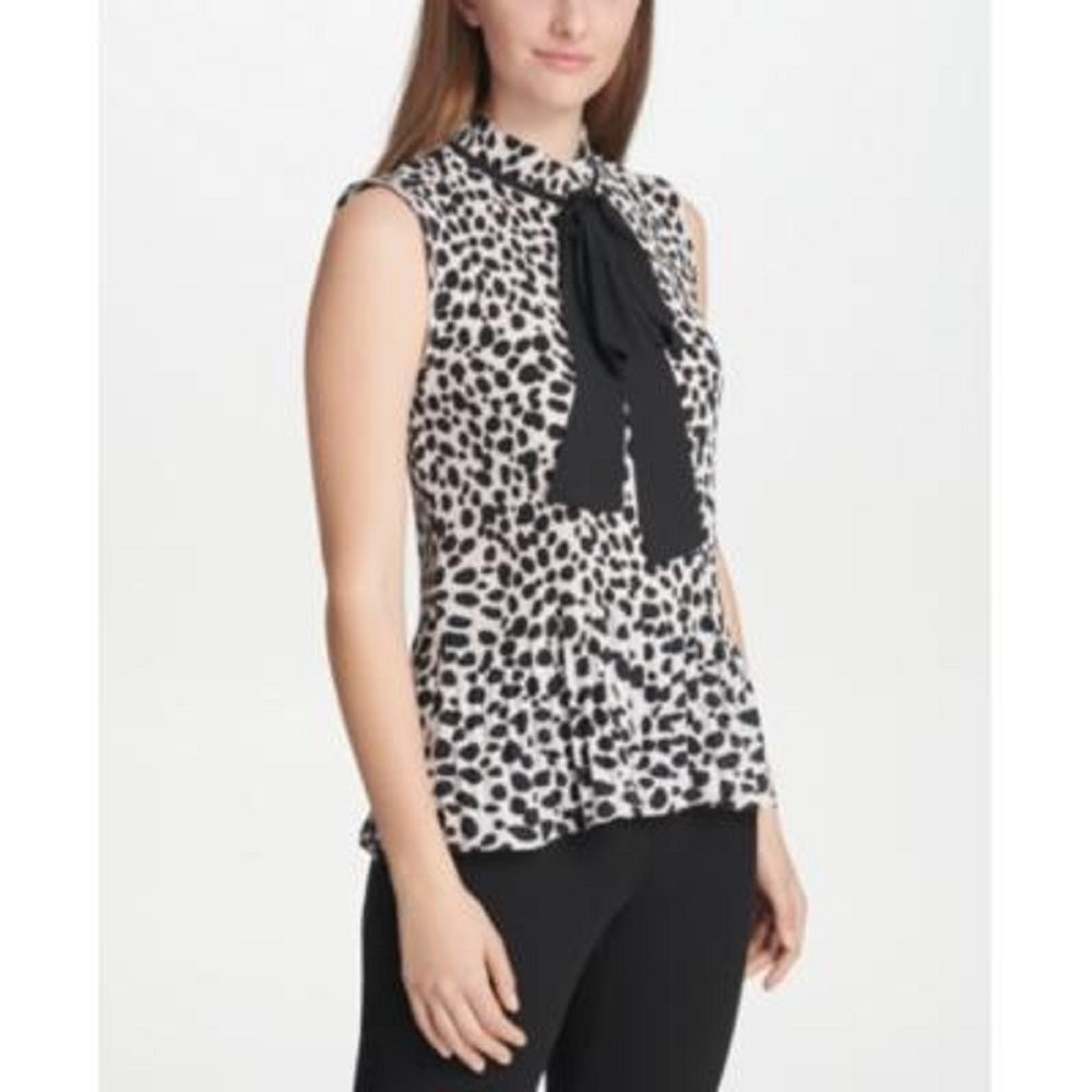 Blusa feminina DKNY pequena plissada leopardo gola amarrada branca tamanho pequeno