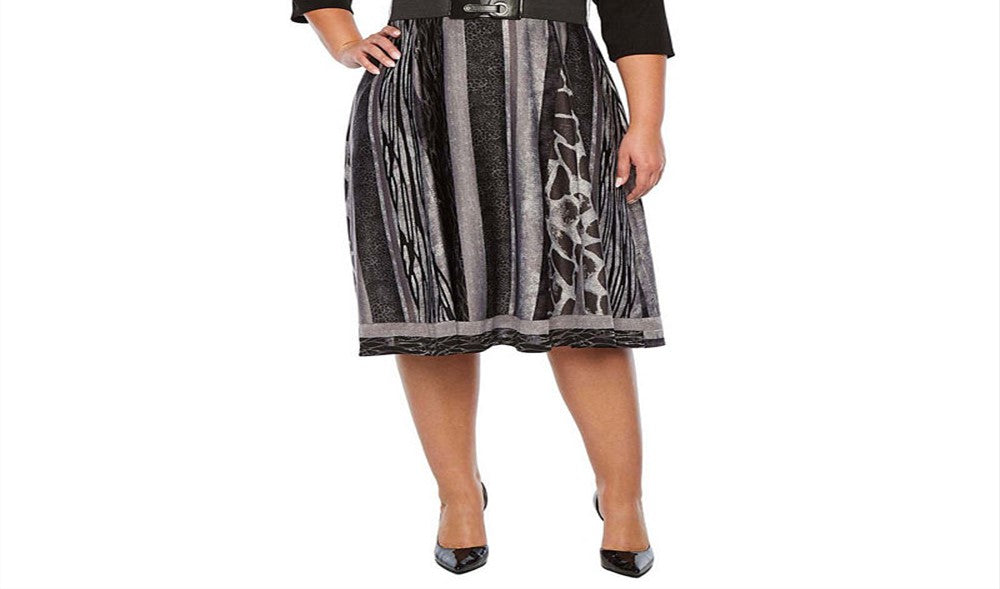 Robbie Bee Plus Size Feminino Canelado Top Cinto Estampa Animal Vestido Preto/Cinza Tamanho 3X