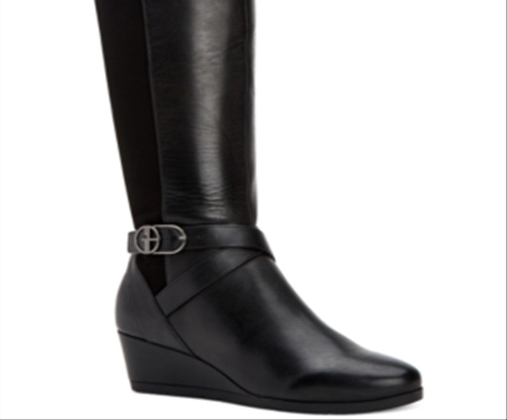 Botas femininas de couro Chelsey Giani Bernini até o joelho, pretas, tamanho 5 M