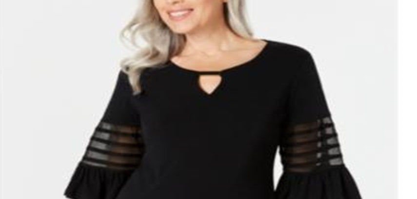 Blusa feminina com decote em V e manga sino, preta, tamanho P, da coleção JM