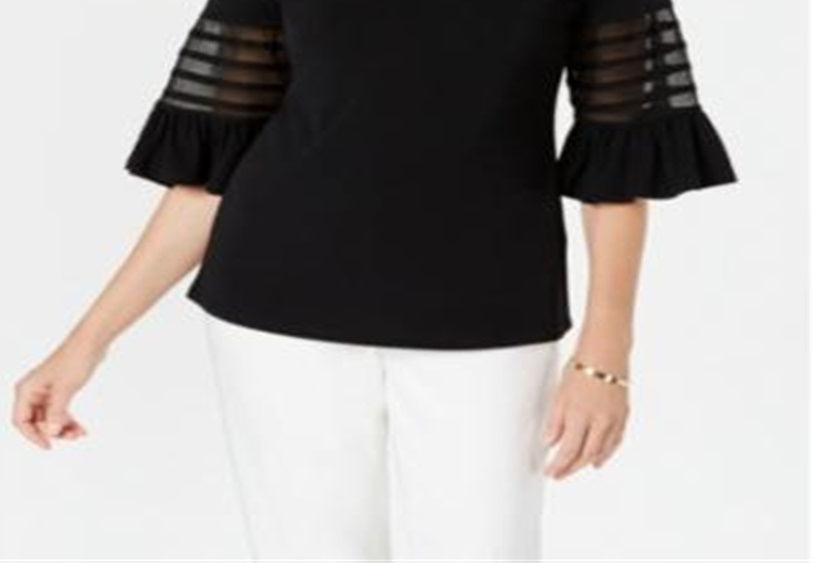 Blusa feminina com decote em V e manga sino, preta, tamanho P, da coleção JM