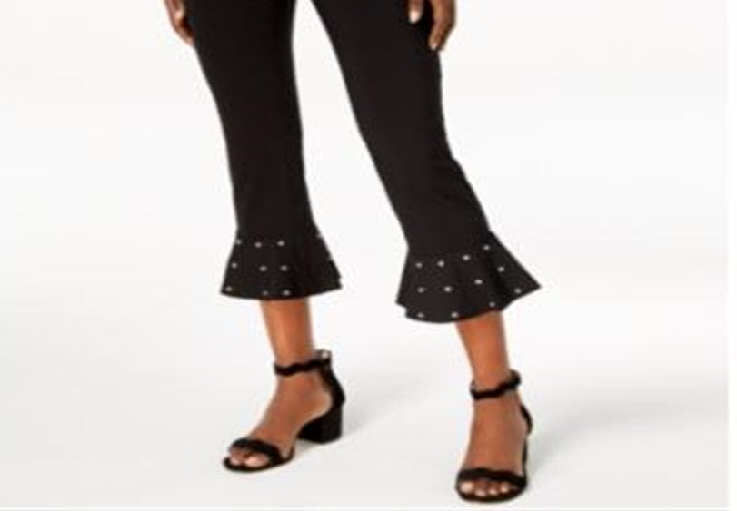 Calça feminina com babados e tachas da INC International Concepts, preta, tamanho 0, pequena